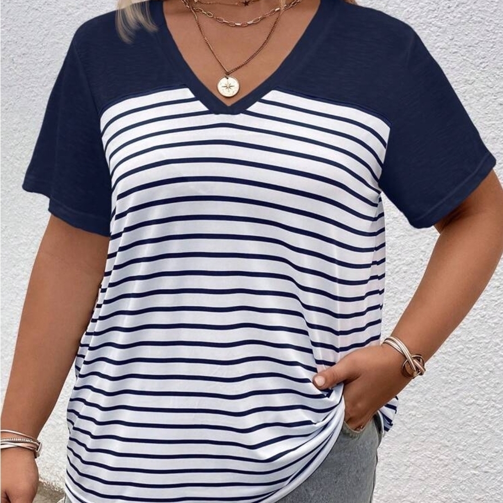 SHEIN Navy and White Striped V-Neck Tee